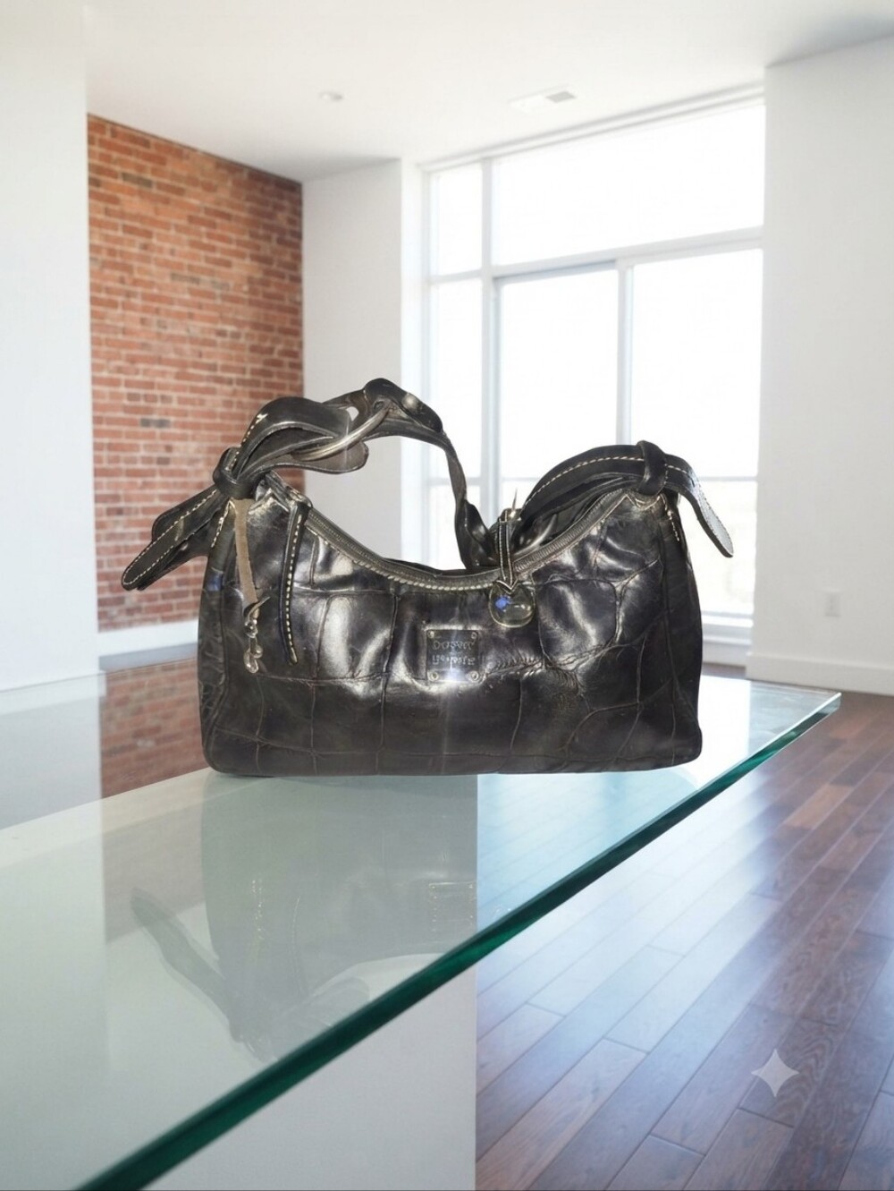 Dooney & Bourke Black Croc Embossed Leather Shoulder Bag – Vintage Hobo Handbag